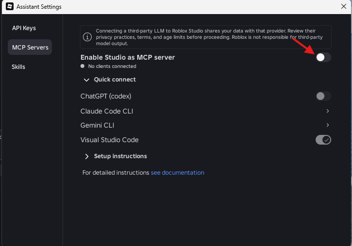 Aktifkan Enable Studio as MCP server