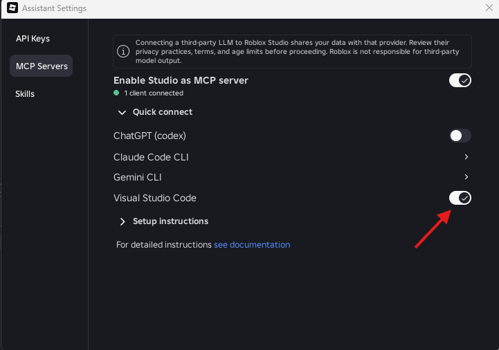 Nyalakan toggle Visual Studio Code pada Quick connect