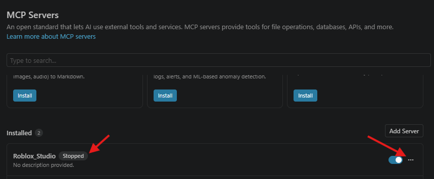 Status Stopped pada server Roblox Studio