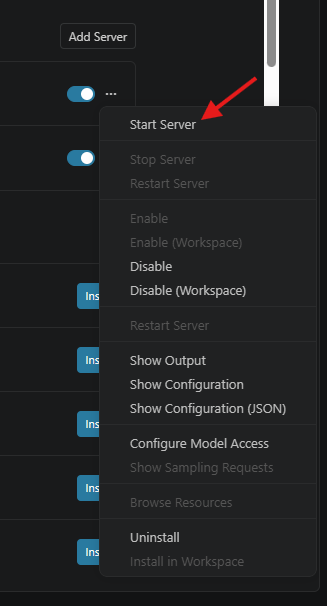 Pilih opsi Start Server untuk menyalakan server